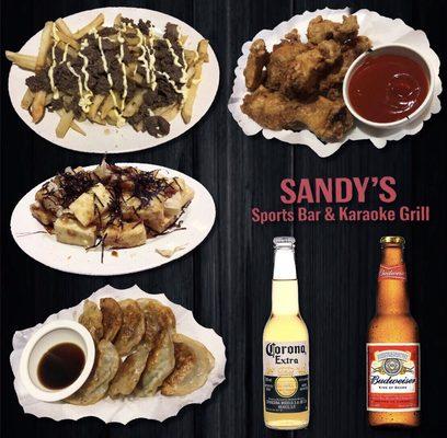 Bulgogi French Fries, Fried Chicken, Fried Tofu, Fried Mandoo, and Beer.