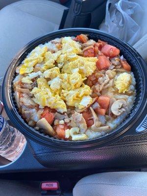 Large grit bowl with Eggs, Tomatoes, Onions, and Mushrooms