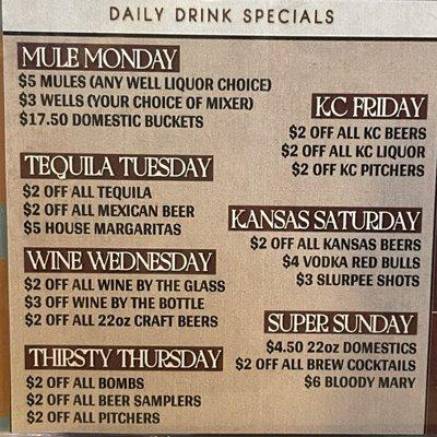 Daily drink specials as of 2/28/2024