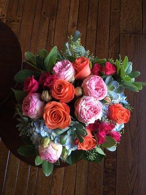 A bridal bouquet with garden roses and hydrangea