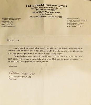 A letter from Dryden Edwards office and signed by Charlene Morgan PA-C without having a conversation with me while severely distressed.