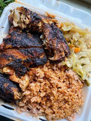 Jerk chicken, rice and cabbage