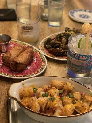 Tater tots, Brussel sprouts, spring rolls