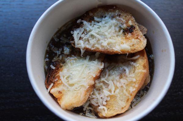 French onion soup with garlic croutons and shaved gruyere cheese.