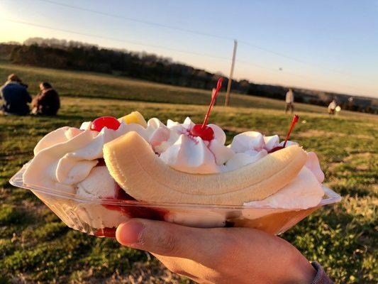 Banana split: delicious with pineapples, strawberries, and pecans!