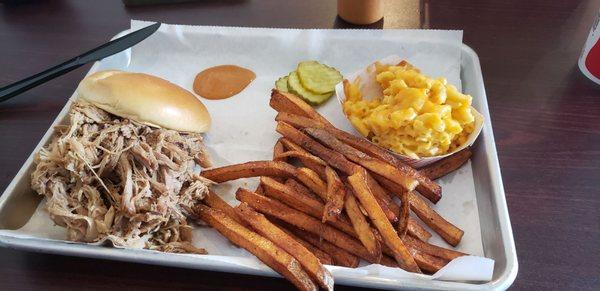 Pulled pork, handcut fries, and Mac n cheese.