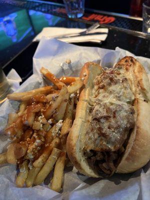 Beef Cheese Steak Sandwich with Buffalo Bleu Cheese Fries