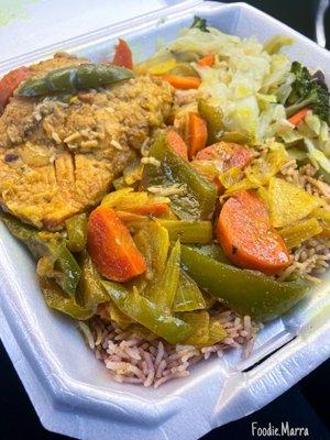 Curry Salmon Dinner W/ Rice & Peas and Cabbage