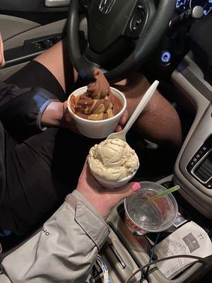 cookie dough (hard ice cream), and fudge brownie dipped in chocolate (soft serve)