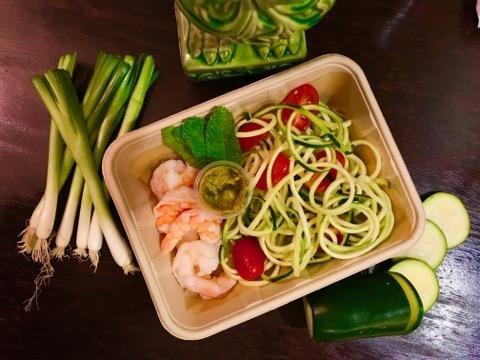 Shrimp with Zucchini Noodles in a Pesto Sauce