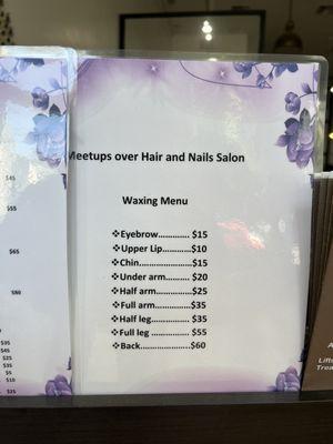 Waxing menu with prices