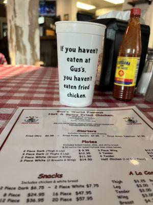 Menu & cup at Gus's