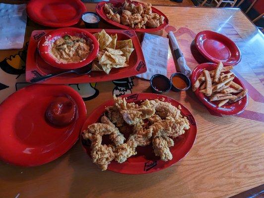 Brewhouse fries, chicken chunks, boneless wings, buffalo chicken dip.