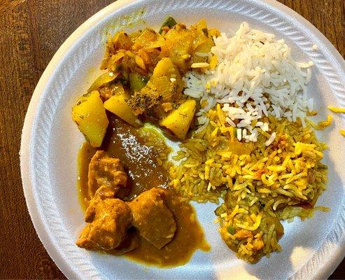 Lamb curry, aloo gobi, chicken biryani