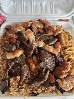 Chicken and Beef. With fried rice and noodles