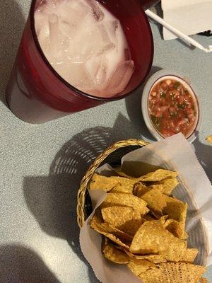 horchata with homemade salsa and chips.