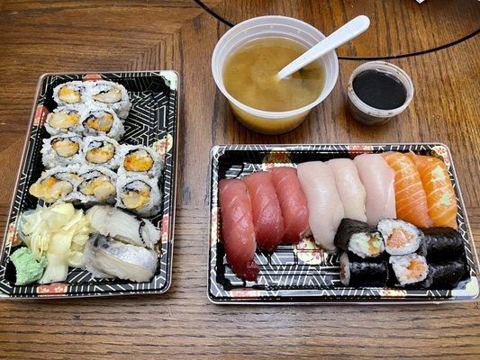 (From L to R) 1 1/2 Spicy Scallop Crunch Rolls, 2 pcs Mackerel Sushi, Miso Soup, and Fugu Sushi Combo (minus one piece of Salmon Sushi)