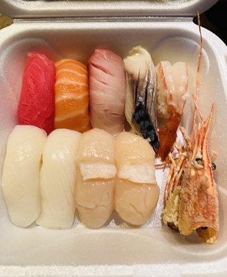 Tuna. Salmon. Yellowtail. Sweet Shrimp with head. Squid. Scallop. Mackerel