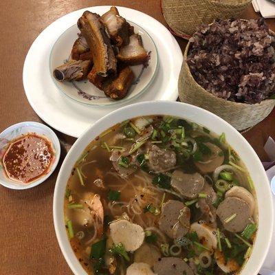 Pho + fried pork + sticky rice