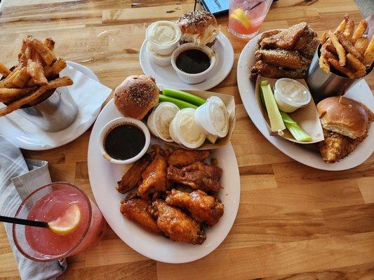 Gold Rus chicken wings  Parm chicken wings  Garlic fries and honey chicken slider