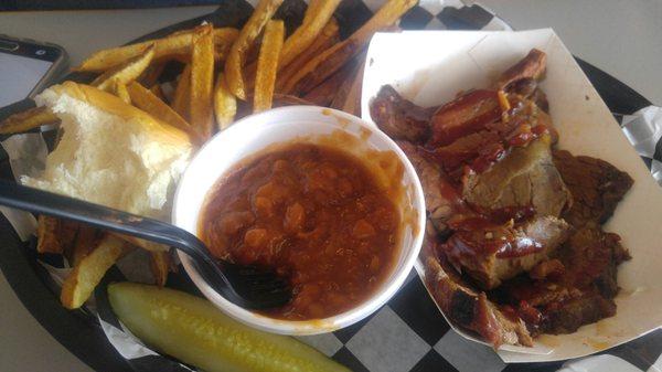 Brisket meal with french fries and baked beans