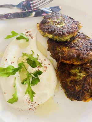 Zucchini & Eggplant pancakes with Tzatziki.. yummy