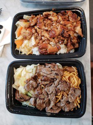 Beef with noodles and chicken with rice