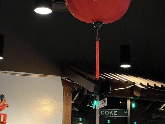 Street signs inside restaurant