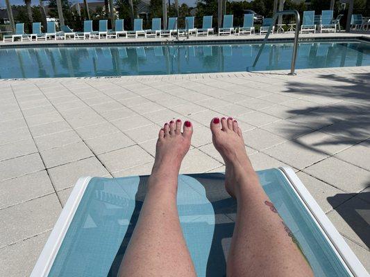 Enjoying the pool with perfectly manicured feet!  No more talons and looking like I can swoop down and catch fish from the ocean!