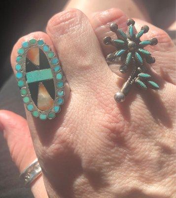 Zuni ring from the 30's & Needle point flower ring.