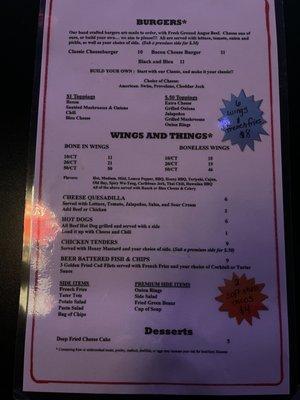 Back of current menu as of February 2021