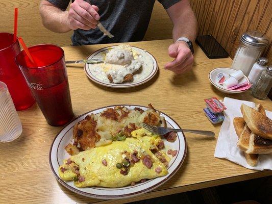 Western Omelette w/ Hash browns and Chicken Biscuits & Gravy