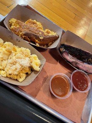 Ribs, Mac and cheese, corn spoon bread.