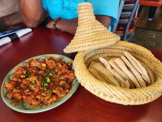 Zaalouk - roasted eggplant with tomatoes, garlic (cold appetizer), and warm bread