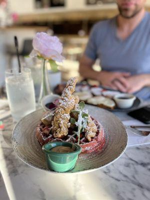 Chicken and red velvet waffle