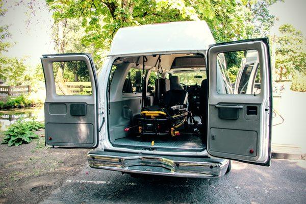 The stretcher of one of our stretcher-equipped vans.