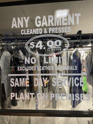 Most garment dry cleaned for only 4.00 pre paid 
 Excludes household leather and formals