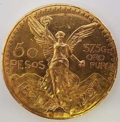 A 1927 50 pesos from Mexico. We Buy Coins and bullion and are the highest rated dealer in San Diego.