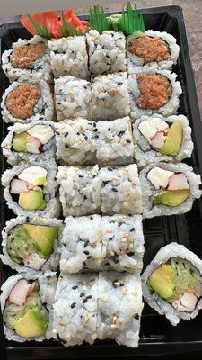 Spicy tuna roll, N.J. roll, and California roll.