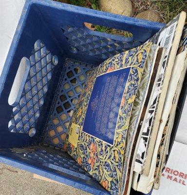 EXPENSIVE CRAFT PAPERS, DUMPED IN HERE LIKE THIS, & THE CRATE NOT EVEN HALF FULL. LIKE ALL THE REST OF THE BOXES & BINS.