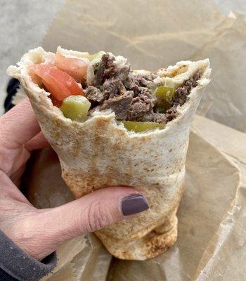 Lamb Shawarma Sandwich to go. Currently no inside or outside seating - takeout only.