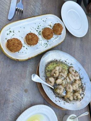 Croquettes in left.   Garlic shrimp on the right.