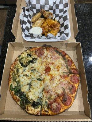 Pizza- 1/2 Spinach Alfredo, 1/2 ninja turtle  Wings- Half lemon pepper, 1/2 southern sticky