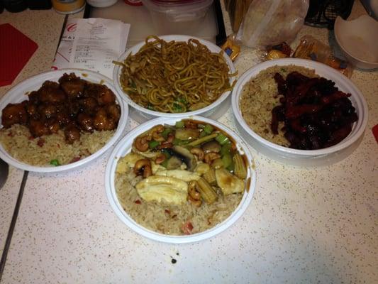 All are lunch specials: Left general tso chicken,top middle chicken lo mein, bottom cashew chicken, right boneless spare ribs.