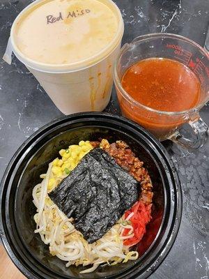 Red miso ramen (takeout--broth in measuring cup)