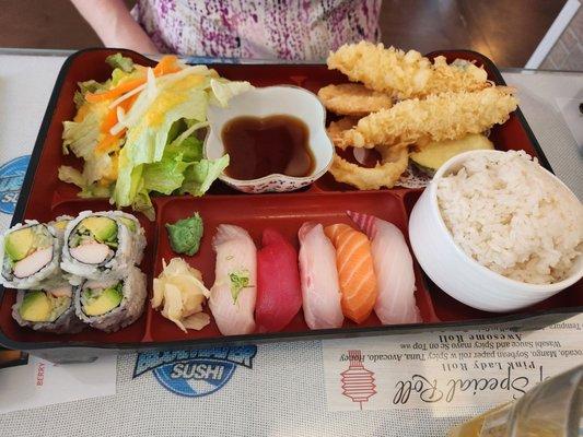 Sushi Bento, Cali Roll, shrimp tempura, salad ginger dressing.