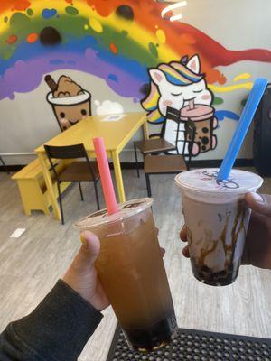 Picture inside: pink straw is large mango jasmine tea with tapioca. Blue straw is a regular size taro milk tea with tapioca