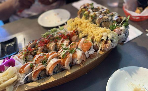 (L-R) Dragon roll, lion king roll, crunch roll