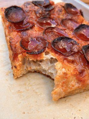 Pepperoni focaccia heated up after one bite