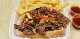 Italian beef with mozzarella cheese and hot peppers.